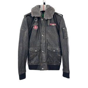 Gipsy Mens Leather Aviator Jacket Sherpa Collar Patches mens large